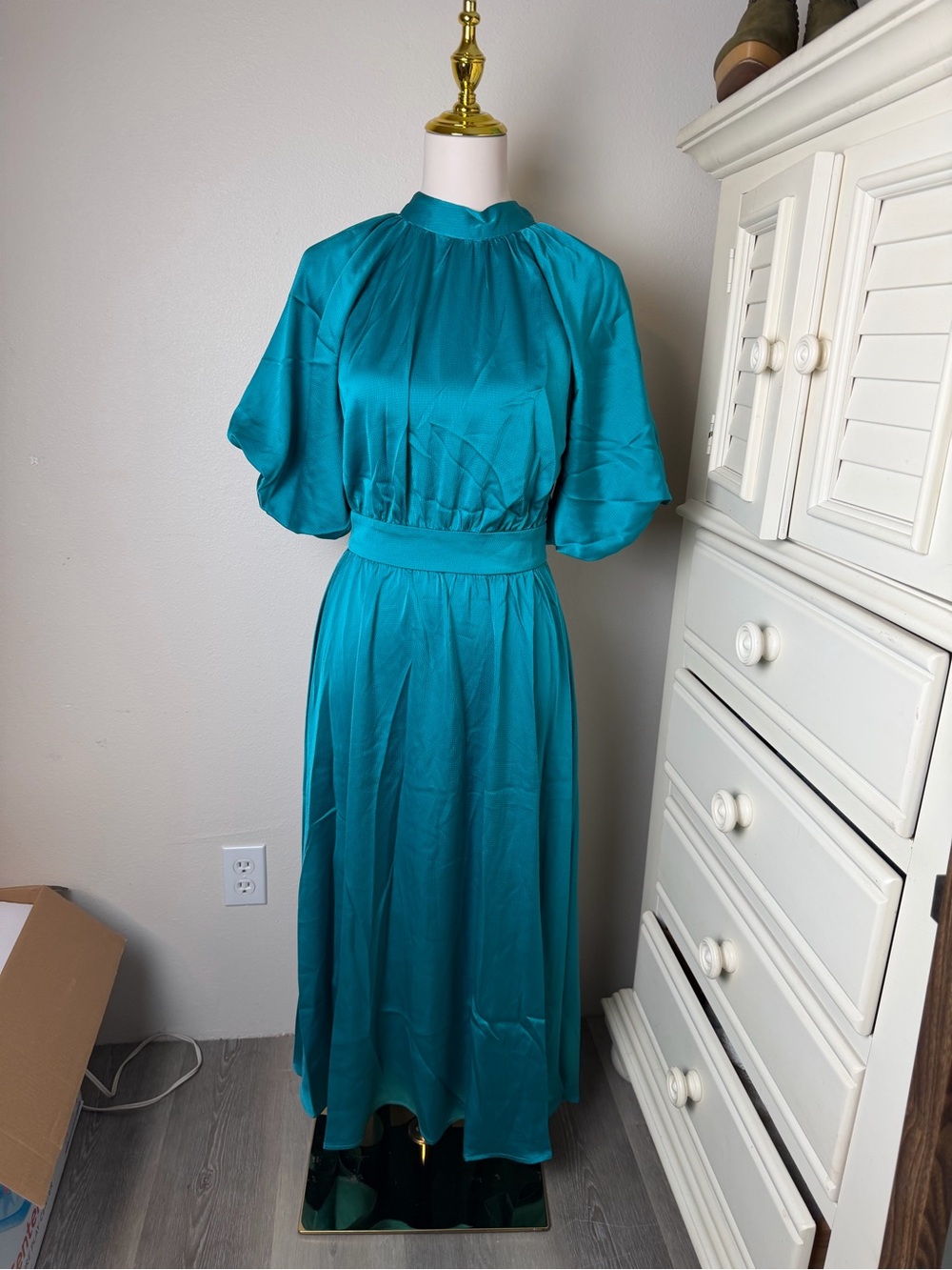 Flying Tomato Teal Midi Dress with Puffed Sleeves